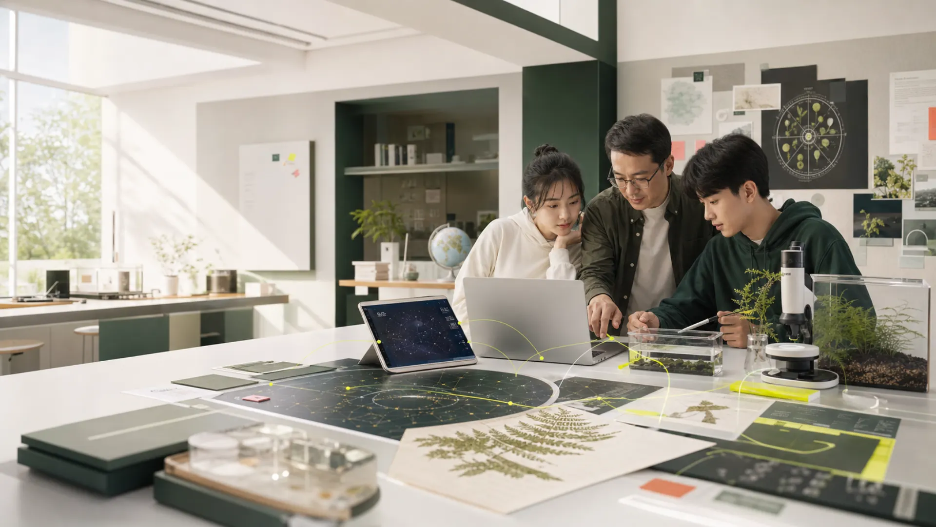 教师和学习者在现代科学教室中使用电脑、平板、星图、植物样本和显微镜